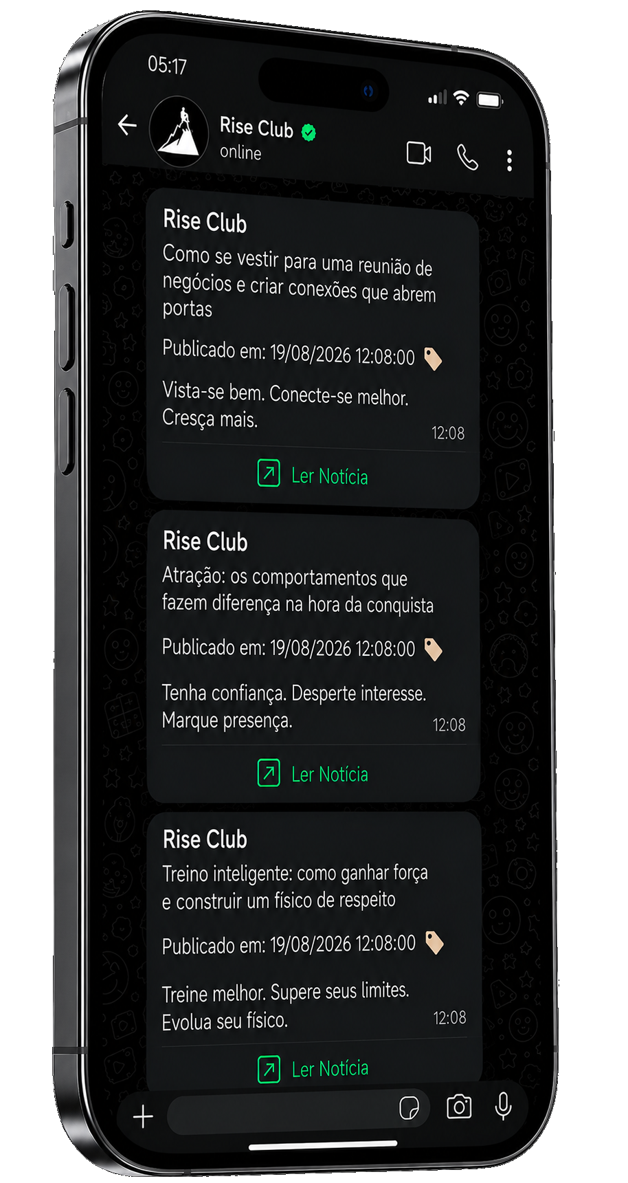 Celular exibindo o conteúdo do Rise Club no WhatsApp